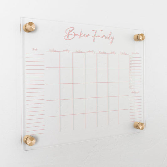 Personalized Clear Acrylic Calendar for Wall, Calendar Whiteboard for Wall, Dry Erase Wall Calendar, Wall Calendar Organizer System for Home (Cursive, Blush, 14"W x 11"H)