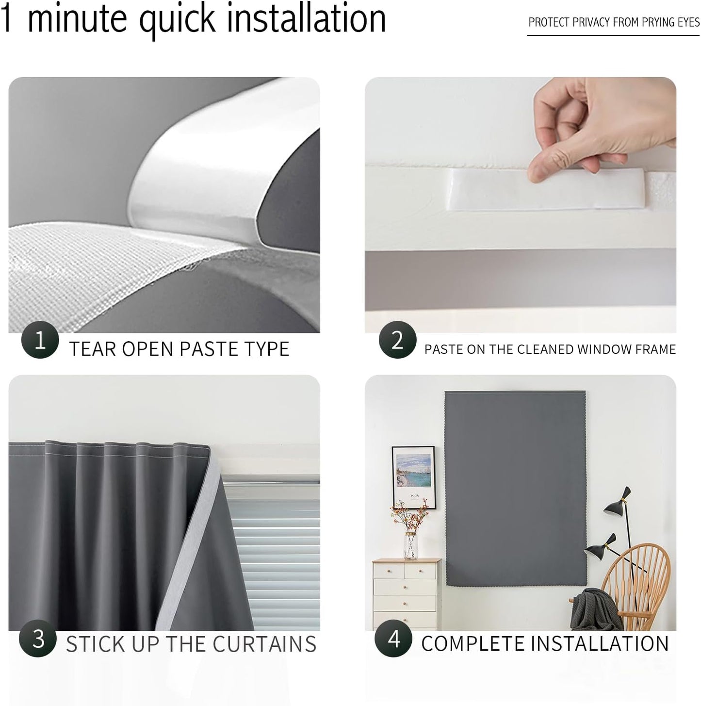 Magic Tape Stick On Curtains Window Shades Pull Down Blackout Window Cover Blackout Curtains for Bedroom No Drillng Self Adhesive Curtains No Rod Small Curtain, 59" W X 84" L, Grey, 1 Panel