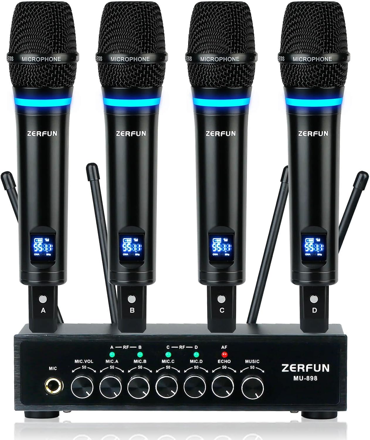 Pro Rechargeable Wireless Microphone System 4 Channel, UHF Metal Handheld Wireless Microphones Cordless Mics with Echo Bluetooth VOL Channel Control for Karaoke Singing Church(MU-898)
