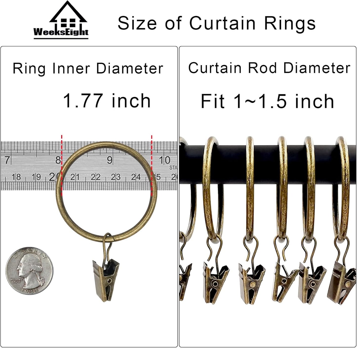 40 Pack Bronze Curtain Rings with Clips, Curtain Hooks Hangers Clip Rings for Hanging Drapes Bows Hat, Drapery Rings 1.77 in I D, Fits up to 1.5 in Diameter Curtain Rod.