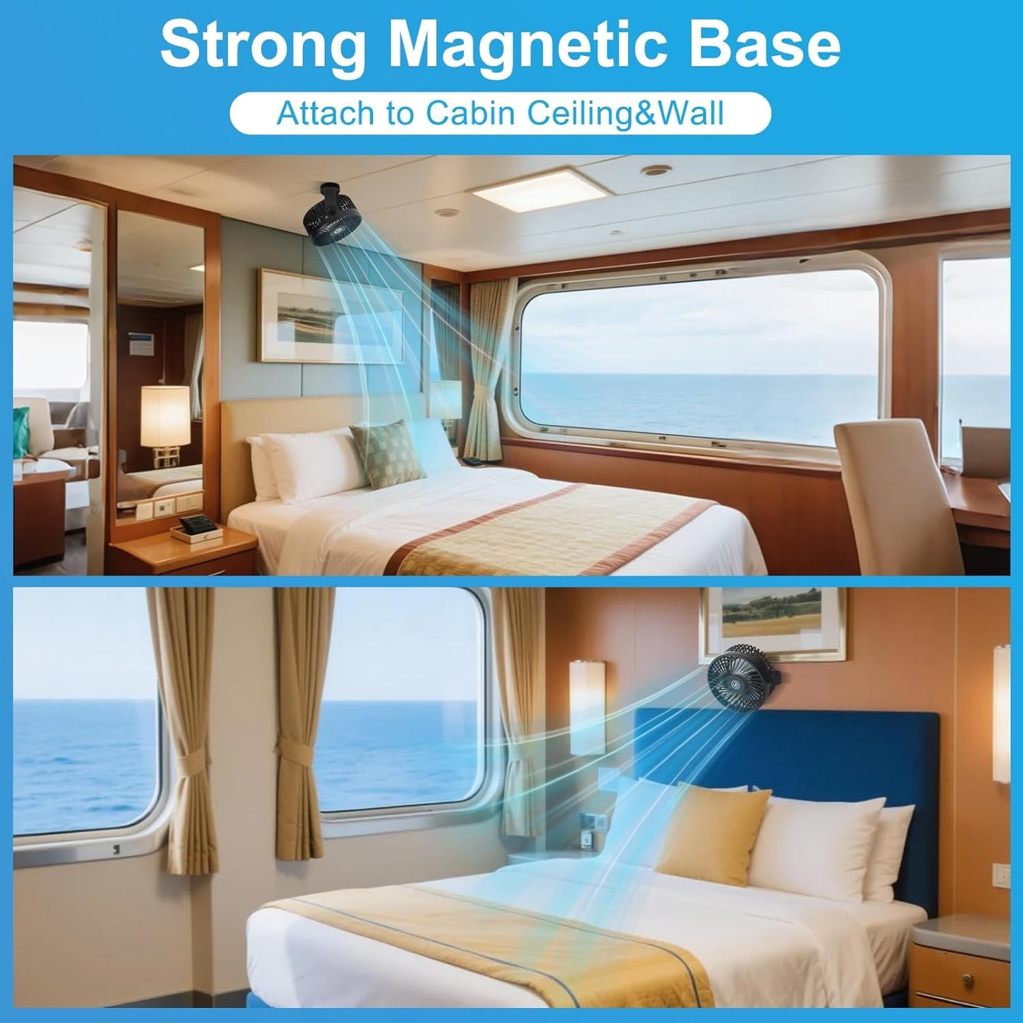 Magnetic Cruise Fan with 12000mAh Battery - Portable Cabin Air Circulator, 3-Speed LED Desk Fan with Timer, Power Bank & Ceiling/Wall Mount, Cruise Ship Approved for Travel (Black)