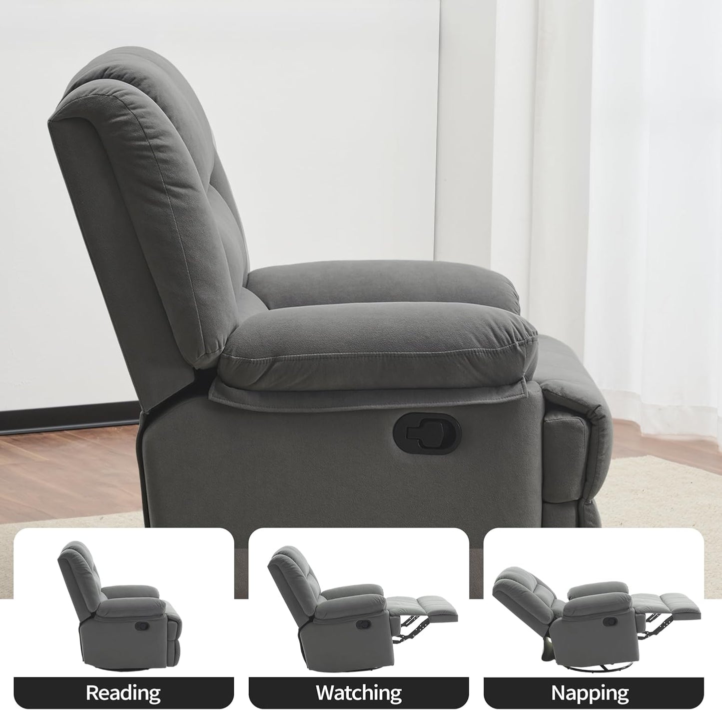 Swivel Rocking Recliner Chair for Adults, Overstuffed Manual Glider Rocker Recliner Chairs, Upholstered Reclining Single Sofa for Living Room Nursery (Grey)