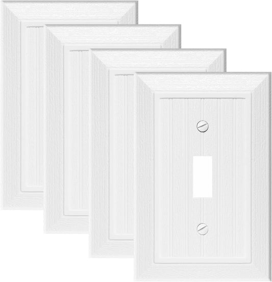 Modern Decorative Wall Plate Switch Plate Outlet Cover, Vintage Retro Wood Grain Design(Single Toggle-4 Pack, White)