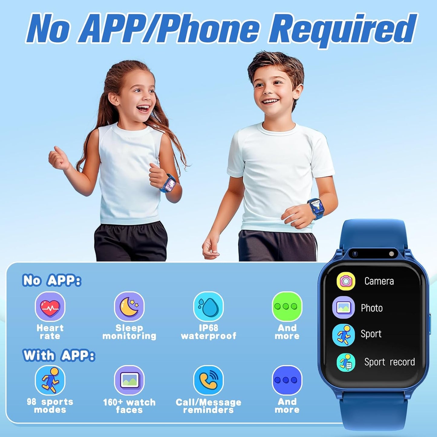 Smart Watch for Kids 1.85" with Fitness Tracker, Sleep Monitor, 22/100+ Sport Modes, DIY Dial, IP68 Waterproof, Step Counter, Heart Rate, Camera, with/Without APP, Gift for 3-12 Years Old Boys Girls