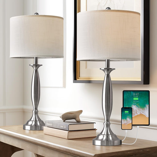Oneach 27" Modern Table Lamps Set of 2 for Living Room Bedroom with USB A+ C Charging Port,Brushed Steel Bedside Lamps for Night Stands,Fabric Drum Shade Nightstand Lamp Light for End Tables Home