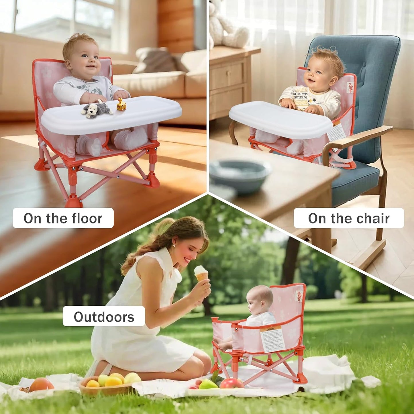 Tiny Marvels Portable 3-in-1 Baby Booster Seat, Cozy Floor Seat, Feeding Seat with Tray, Compact Foldable Toddler Booster with Child Safety Belt Carry Bag, Perfect for Travel (Blush Petals)