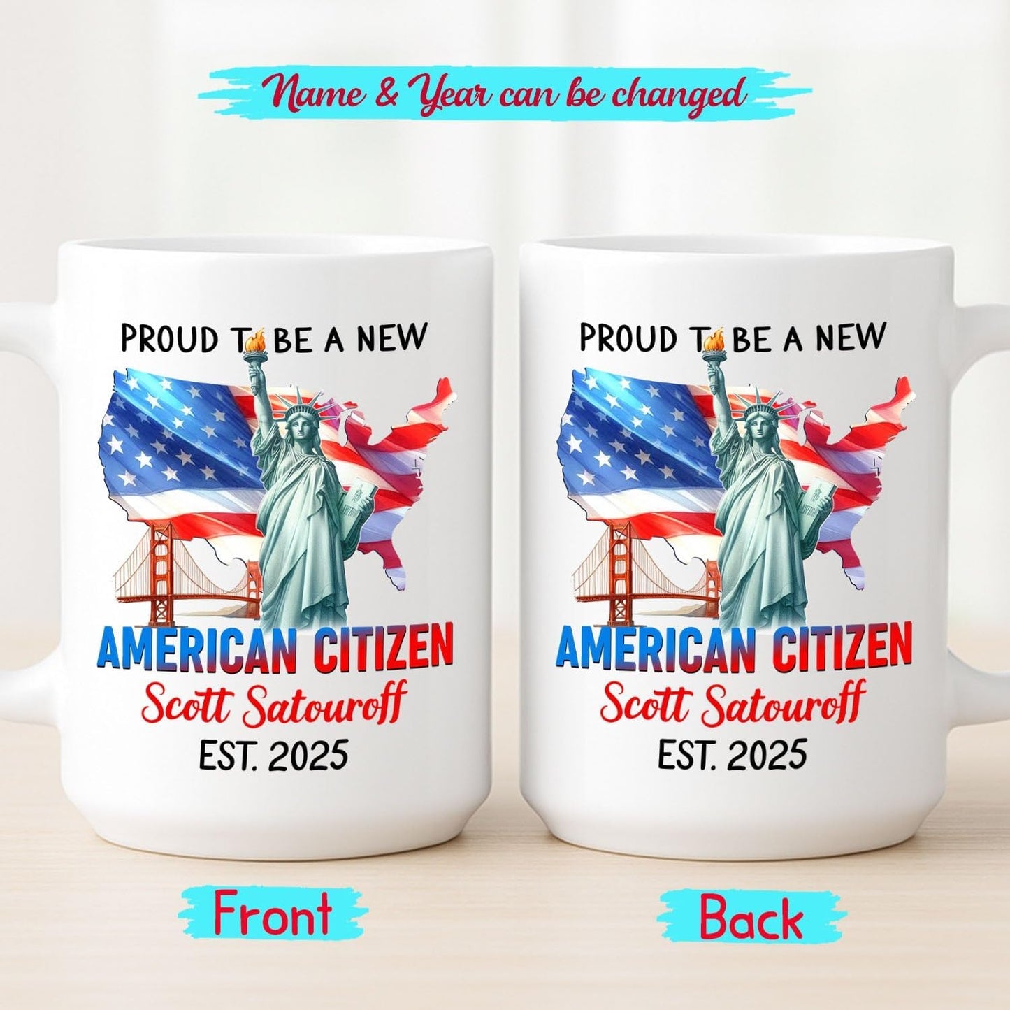 Proud To Be A New American Citizen White Coffee Mug, Personalized Citizenship Celebration Coffee Cup Gift For New Us Citizen, American Citizens Mug 11Oz 15Oz, Customized Year & Name Citizenship Cup