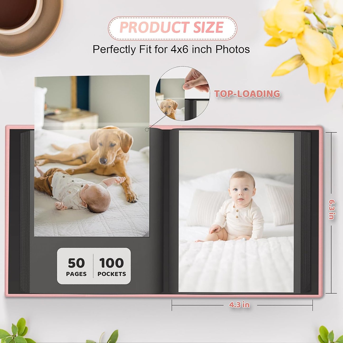 Popotop Photo Album 4x6 100 Pockets with Leather Hardcover Cover, Small Photo Album Holder Book with 50Pcs Pages for Family Travel Wedding Baby Gifts