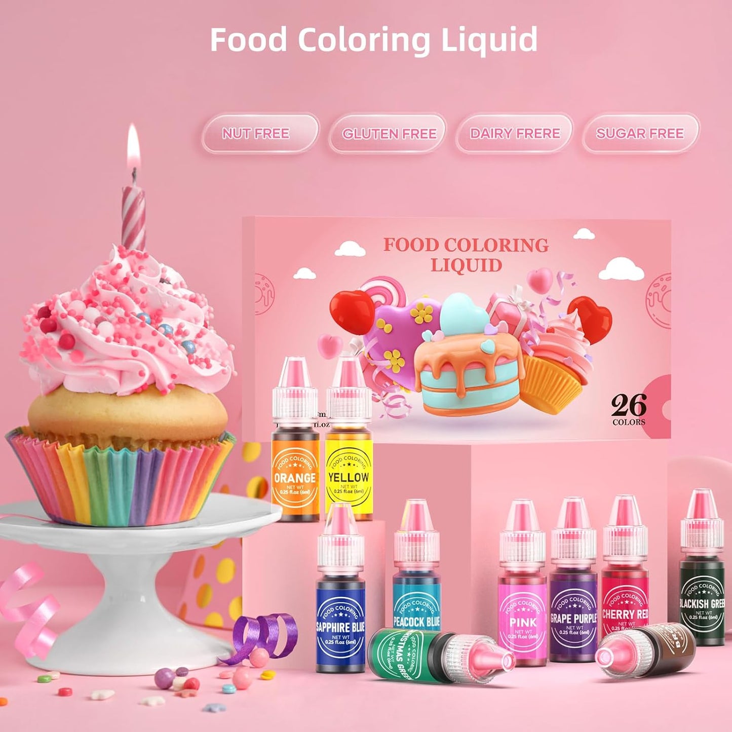 Food Coloring for Baking - 26 Vibrant Cake Coloring Liquid Set for Dessert Decorating, Food Grade Food Dye for Icing,Fondant,Cookies,Easter Egg,Making DIY Supplies Kit- 0.25 Fl. oz (6 ml)/Bottles