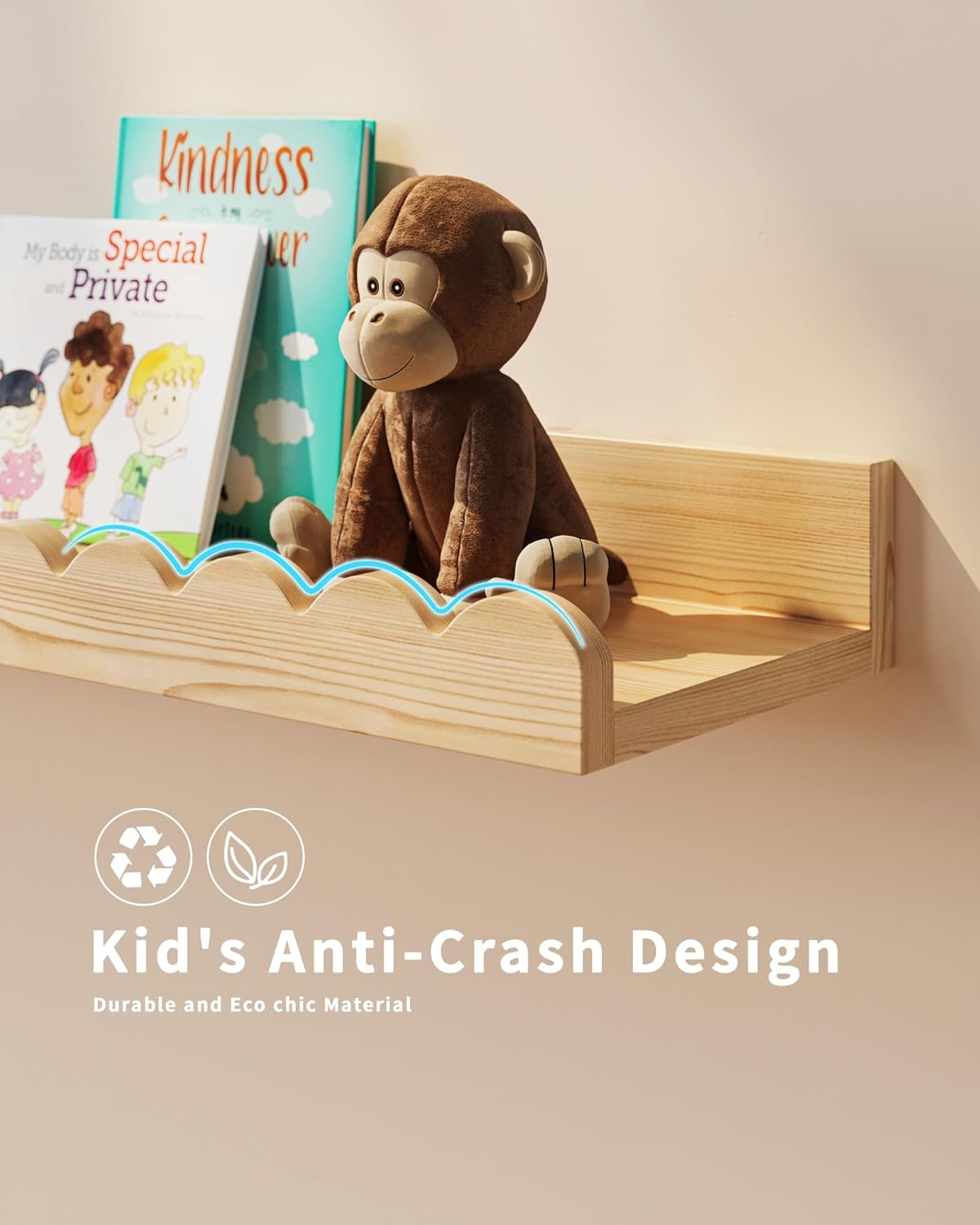 Nursery Book Shelves, 4-Pack Wood Floating Shelves for Wall Kids, Scalloped Shelves, Wall Book Shelves for Bedroom Kids, Toddler Room, Baby Room, Nursery Decor(Wood, 36 Inches)