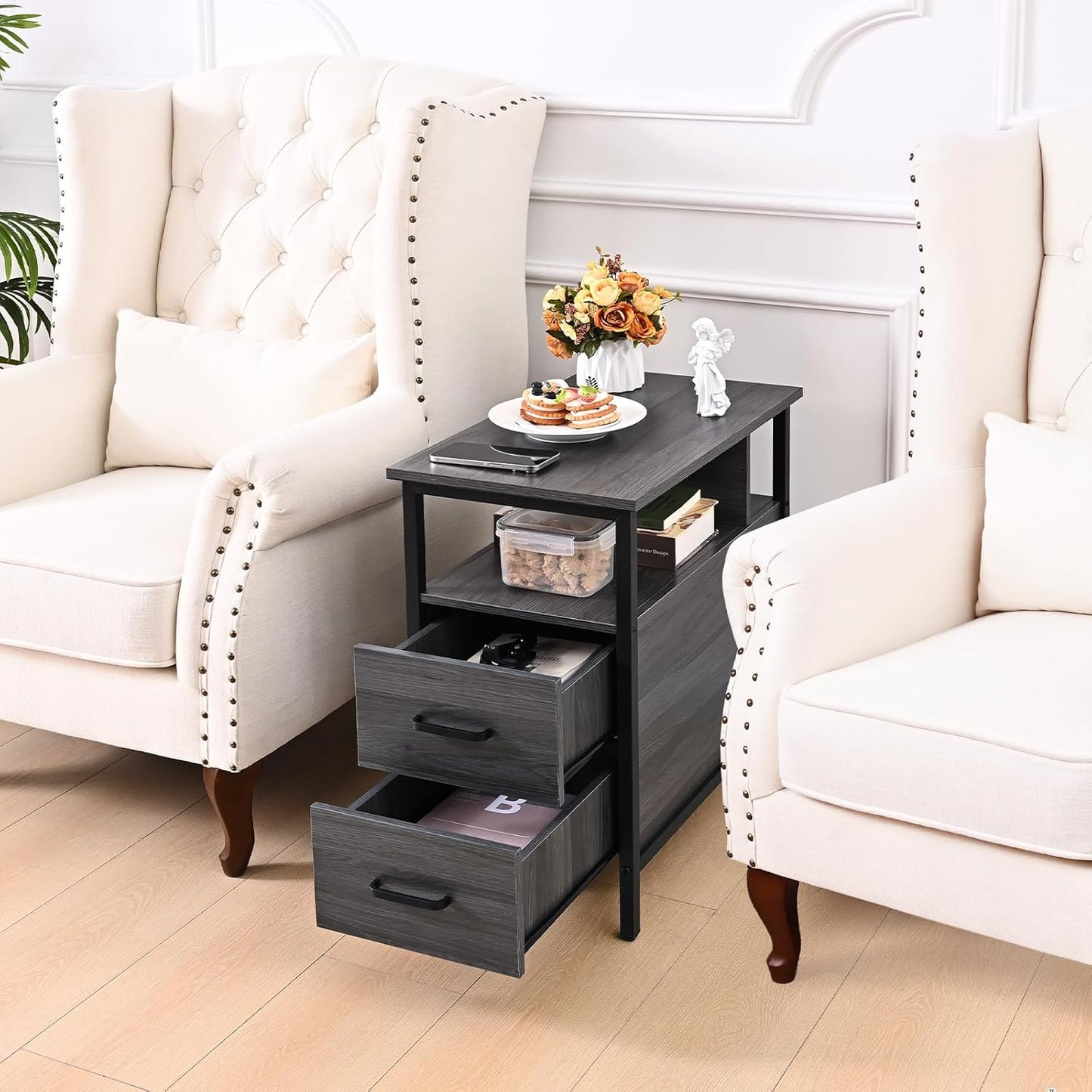 Side Table, End Tables with Charging Station, Narrow End Table with Wooden Drawers, USB Ports and Power Outlets, Nightstand and Bedside Table, End Table Living Room, Bedroom, Dark Grey