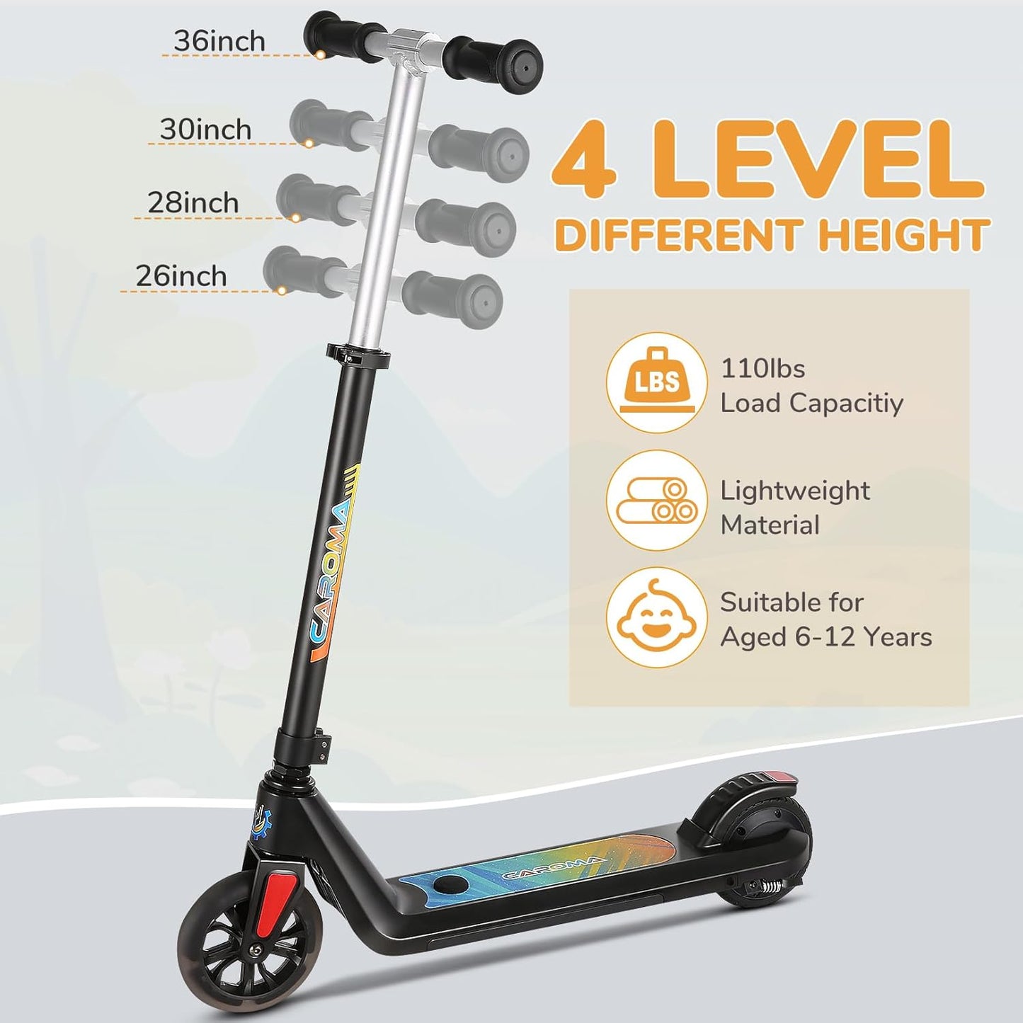 Caroma Electric Scooter for Kids Ages 6-12,150W/180WMotor,10 MPH Max Speed & 7 Miles,Colorful Lights,Adjustable Height & Speed,LED Display,Foldable Kids Electric Scooter 132 Lbs Max Load,Idea Gift
