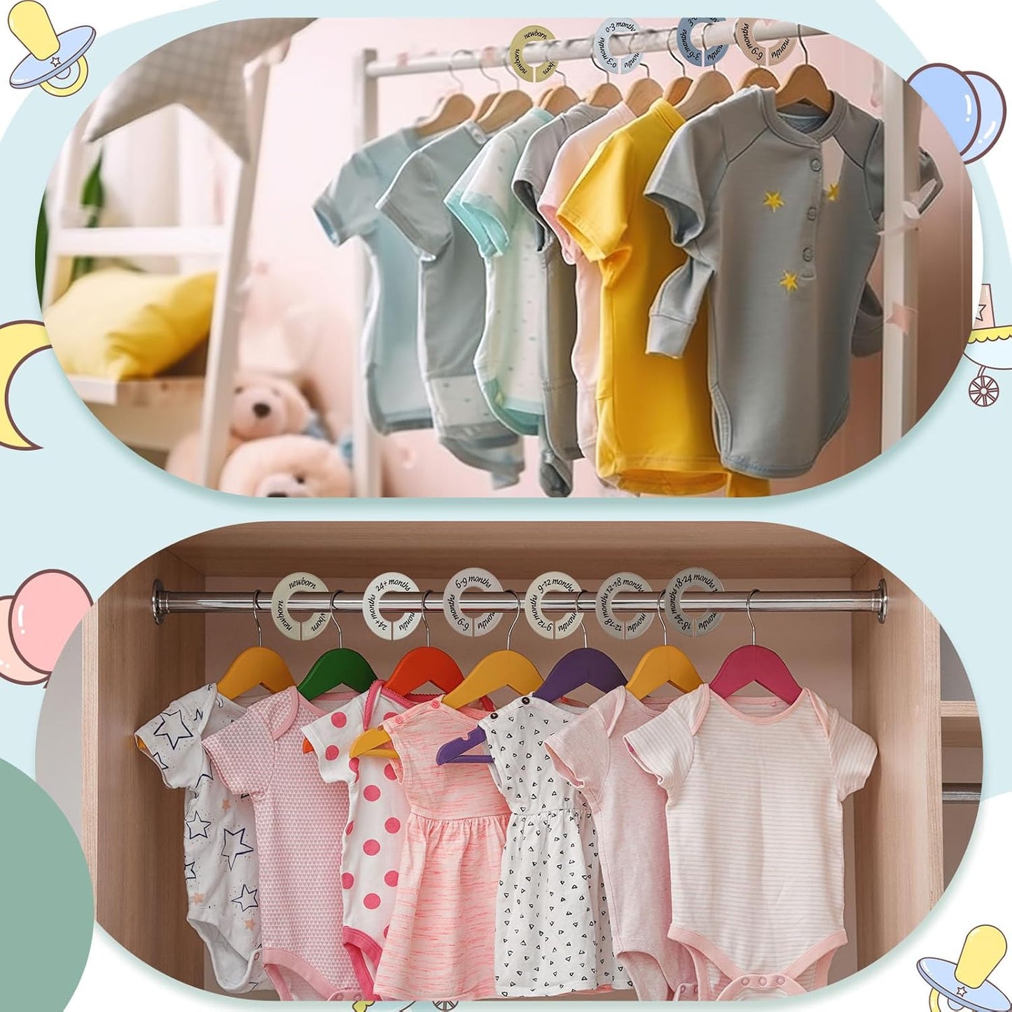 8 Pcs Baby Closet Dividers Unisex Baby Clothes Organizers Clear Labels for Nursery Closet Organizer & Decor Nursery Fits Most Rods(Natural,Earth Stone Color)