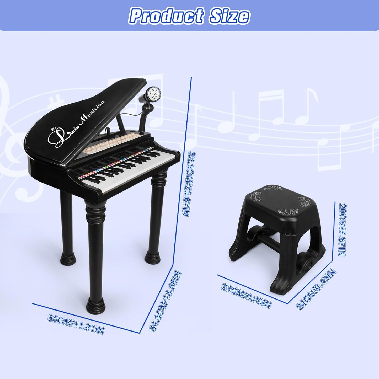 Love&Mini Piano Keyboard Toy for Kids - 31 Keys Toddlers Black Piano Toy with Microphone and Stool for Kids Age 3+ Years Old Girls Boys Birthday Gift