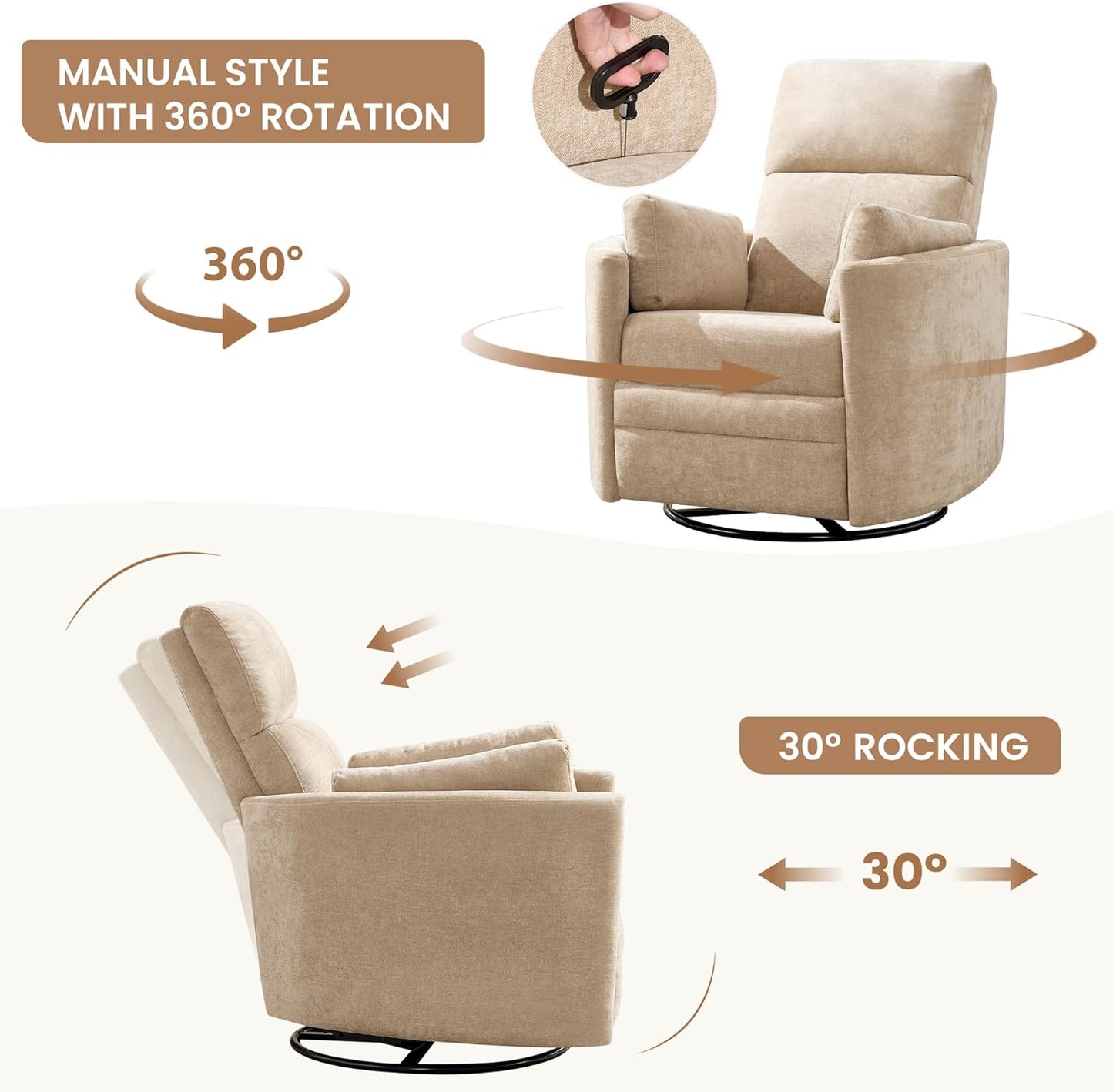Swivel Rocker Recliner Chair,Manual Nursery Swivel Rocking Recliner,Upholstered Adult Rocking Glider Chair with 2 Pillows for Living Room Bedroom (Khaki, Manual Operation)
