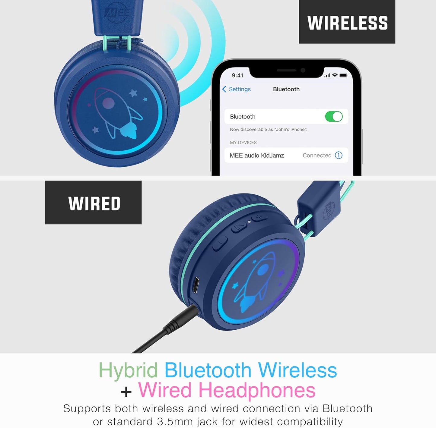 MEE audio KidJamz KJ55BT Bluetooth Wireless Safe Listening Headphones for Children with LED Lights, 85dB Volume Limiter, Mic & 40h Battery (Blue)