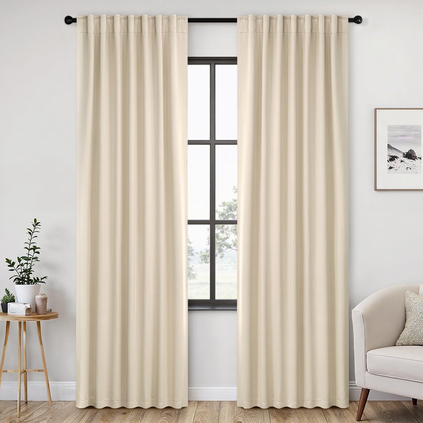 ANRODUO Back Tab Blackout Curtains for Bedroom Living Room, Rod Pocket Pinch Pleated Thermal Insulated Room Darkening Curtains 90 Inches Long 2 Panels, Cream Beige, 52 x 90 Inch