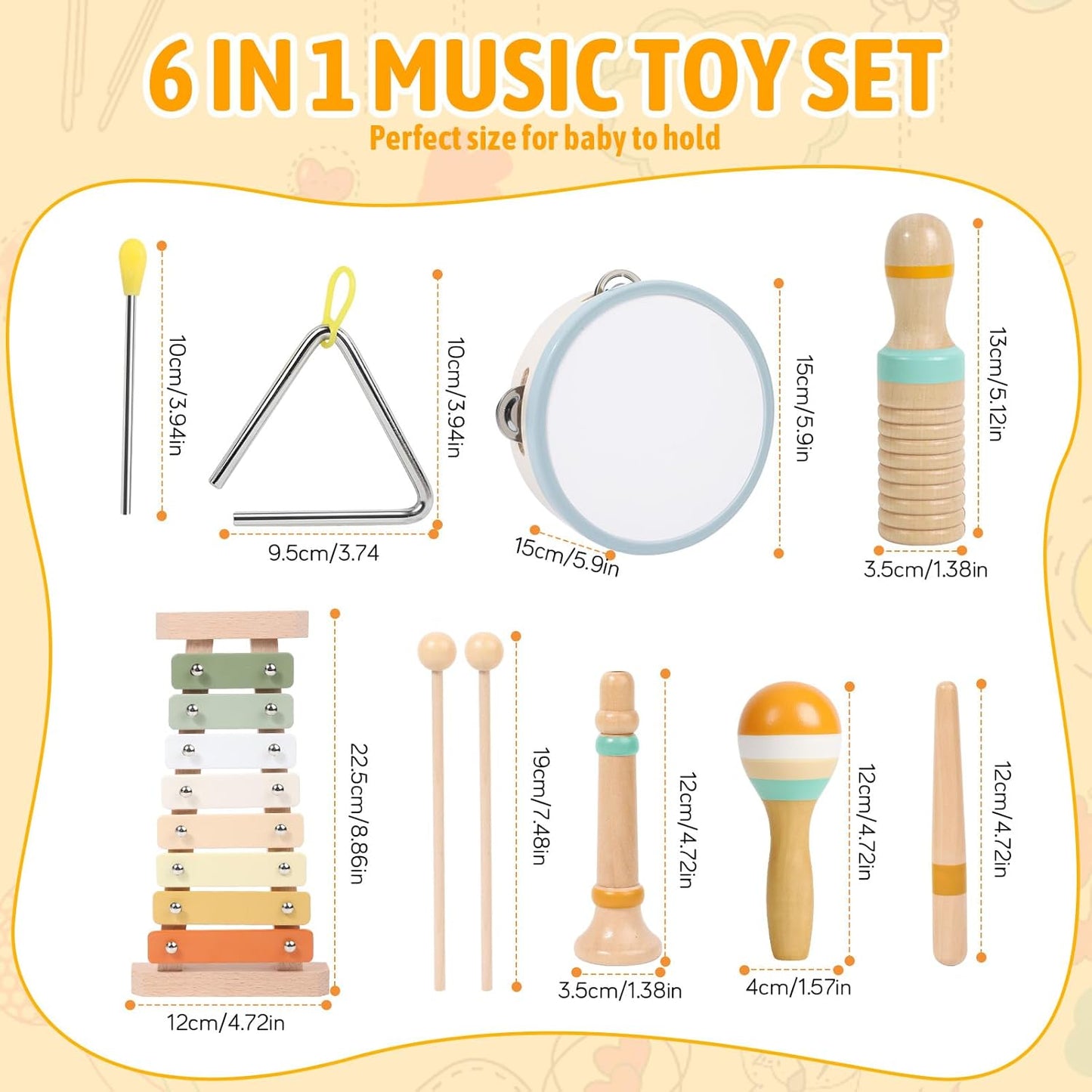 Baby Musical Instruments - Wooden Montessori Toys for Toddlers 1-3, Baby Musical Toys Percussion Instruments Set with Xylophone Tambourine, Neutral Preschool Educational Baby Toys for Boy Girls Gifts