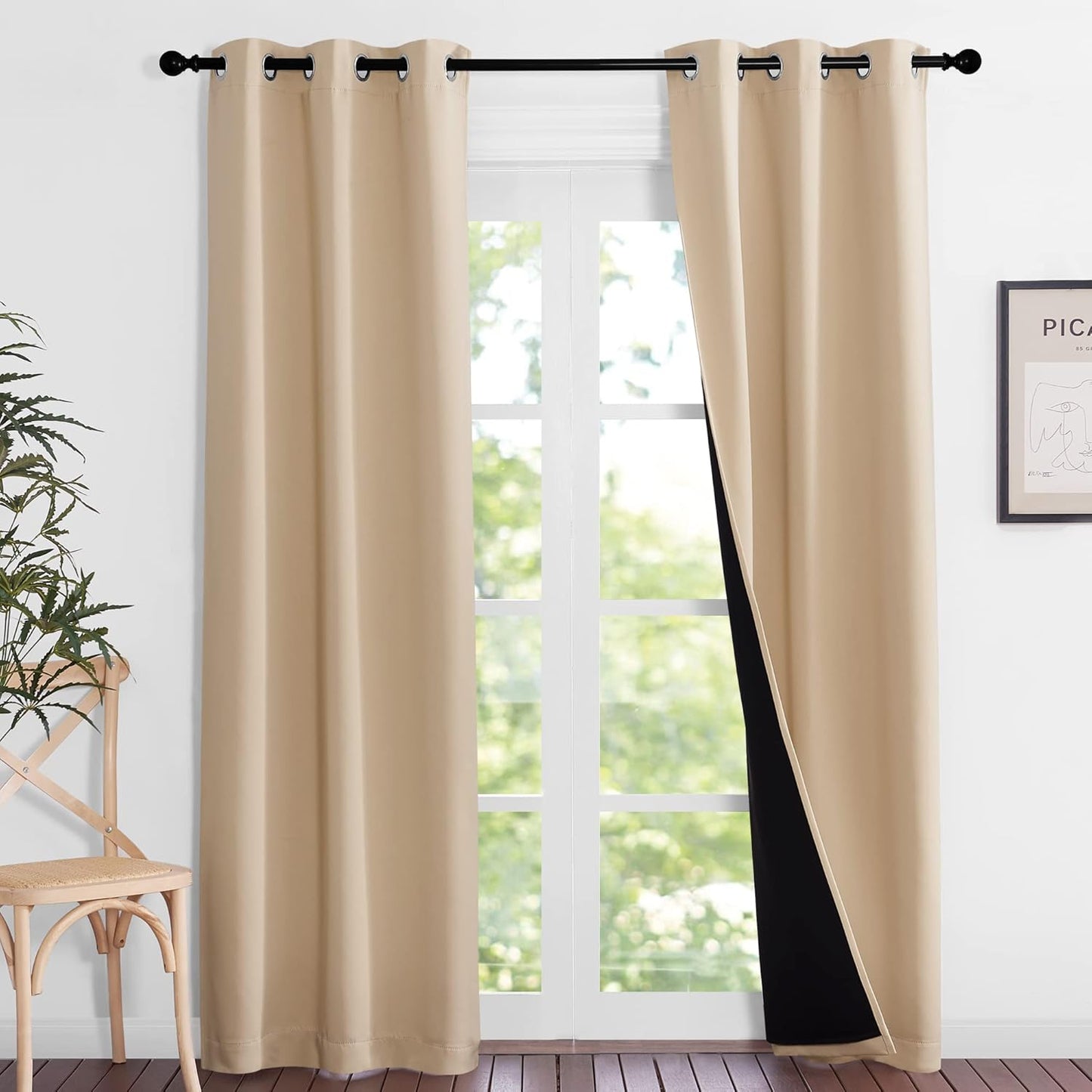 NICETOWN Living Room Completely Shaded Draperies, Privacy Protection & Noise Reducing Black Lined Insulated Window Treatment Curtain Panels for Patio Door (Set of 2 Pcs, W37 x L84, Biscotti Beige)
