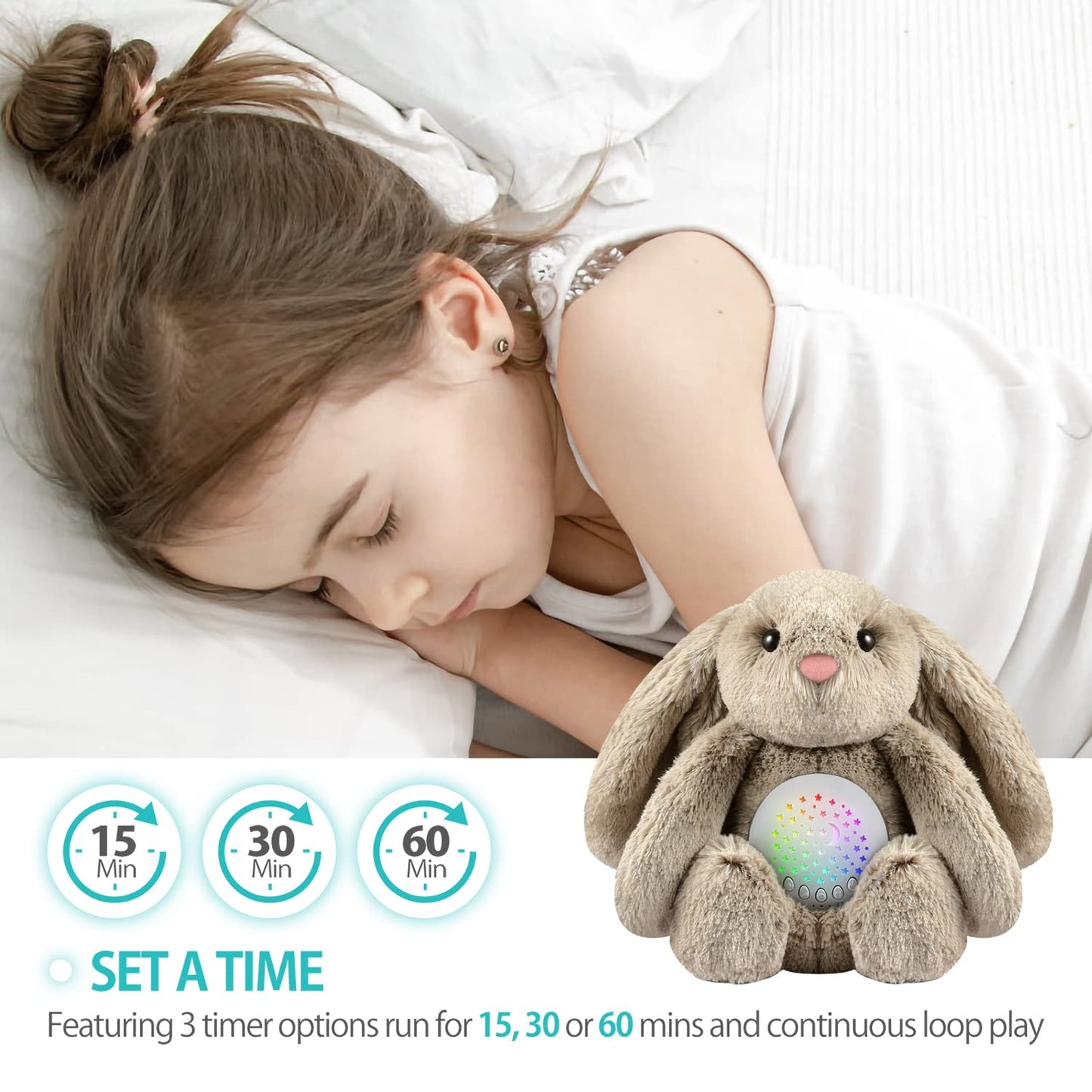 BEREST Baby Sleep Soother Bedtime Bunny with Starry Projector Night Light, Plush Stuffed Animal for Newborn Infants, Lullaby Music, White Noise, Mother's Heartbeat for Boys & Girls Shower Gifts