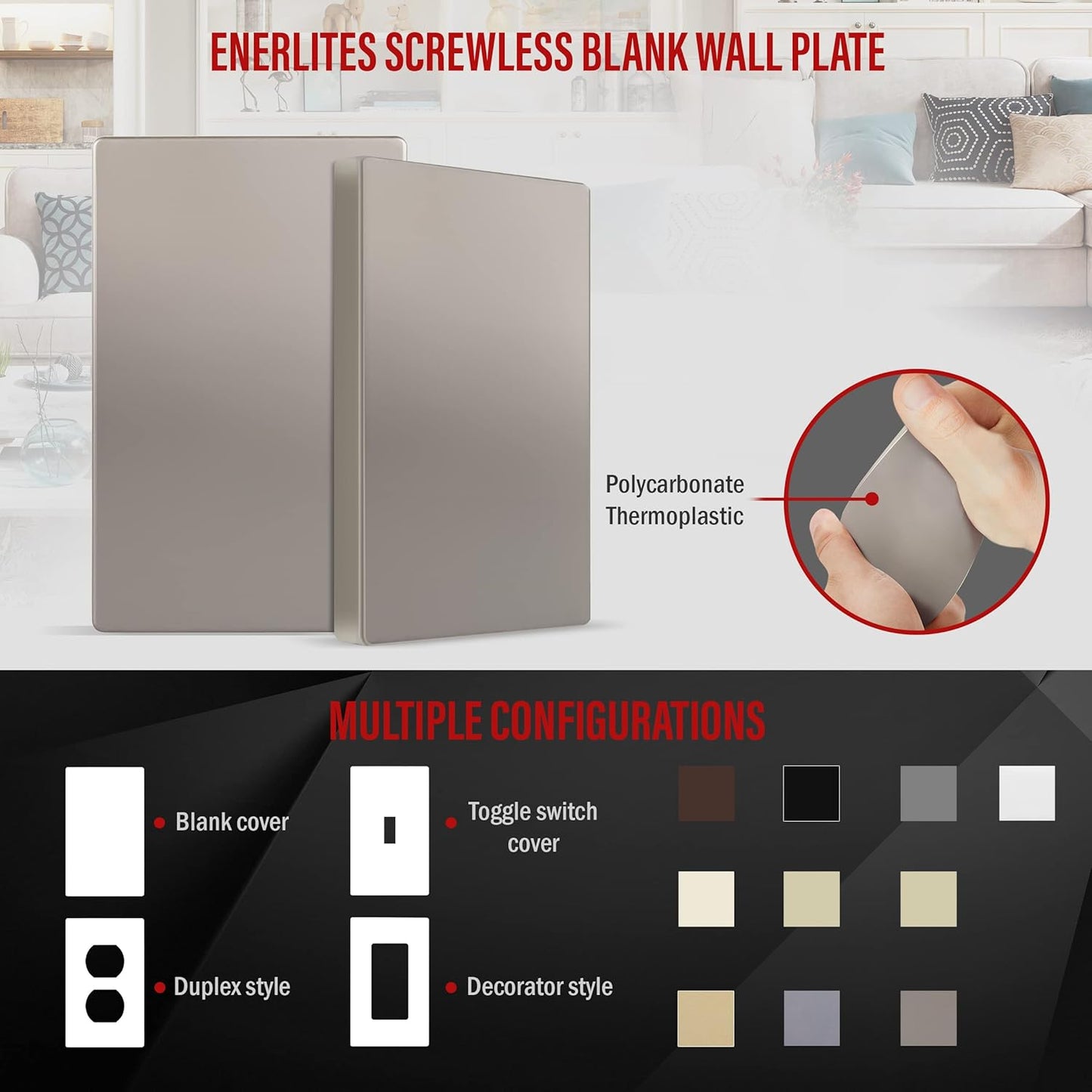 ENERLITES Screwless Blank Wall Plate, Child Safe Blank Device Outlet Cover, Standard Size, 1-Gang 4.68" x 2.93", Polycarbonate Thermoplastic, UL Listed, SI8801-NK, Nickel