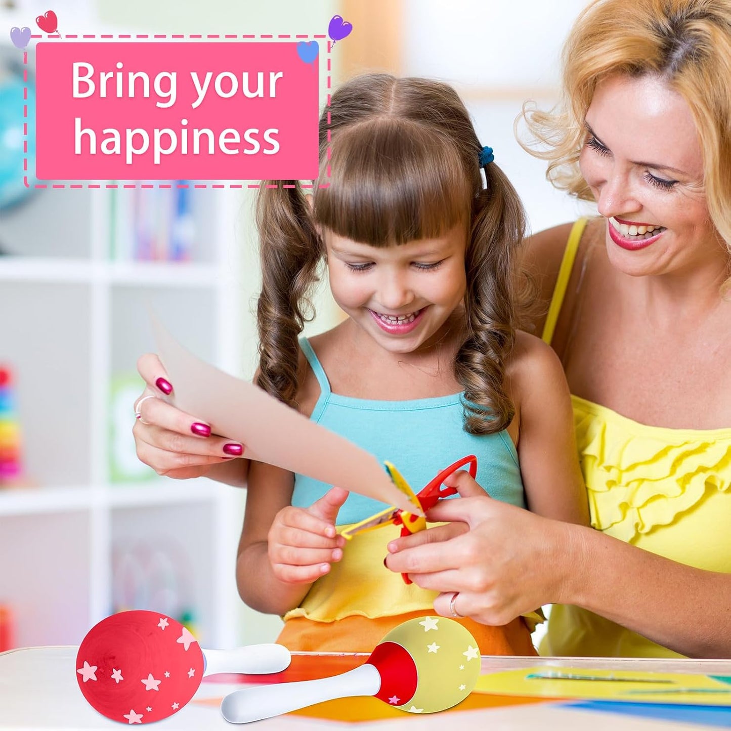 Leitee 6 Pcs DIY Wood Maracas Unfinished Hand Painted Maracas Party Favor Wooden Rumba Shakers Hand Percussion Rattles Musical Instruments with Clear Sound for Kid Adult (White)