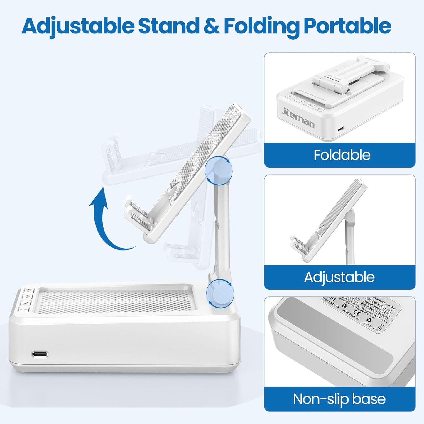 JTEMAN Portable Phone Stand with Speaker Bluetooth Wireless,Gifts for Men Women,Birthday for Women,Kitchen Gadgets for Men,Phone Holder for Desk - White