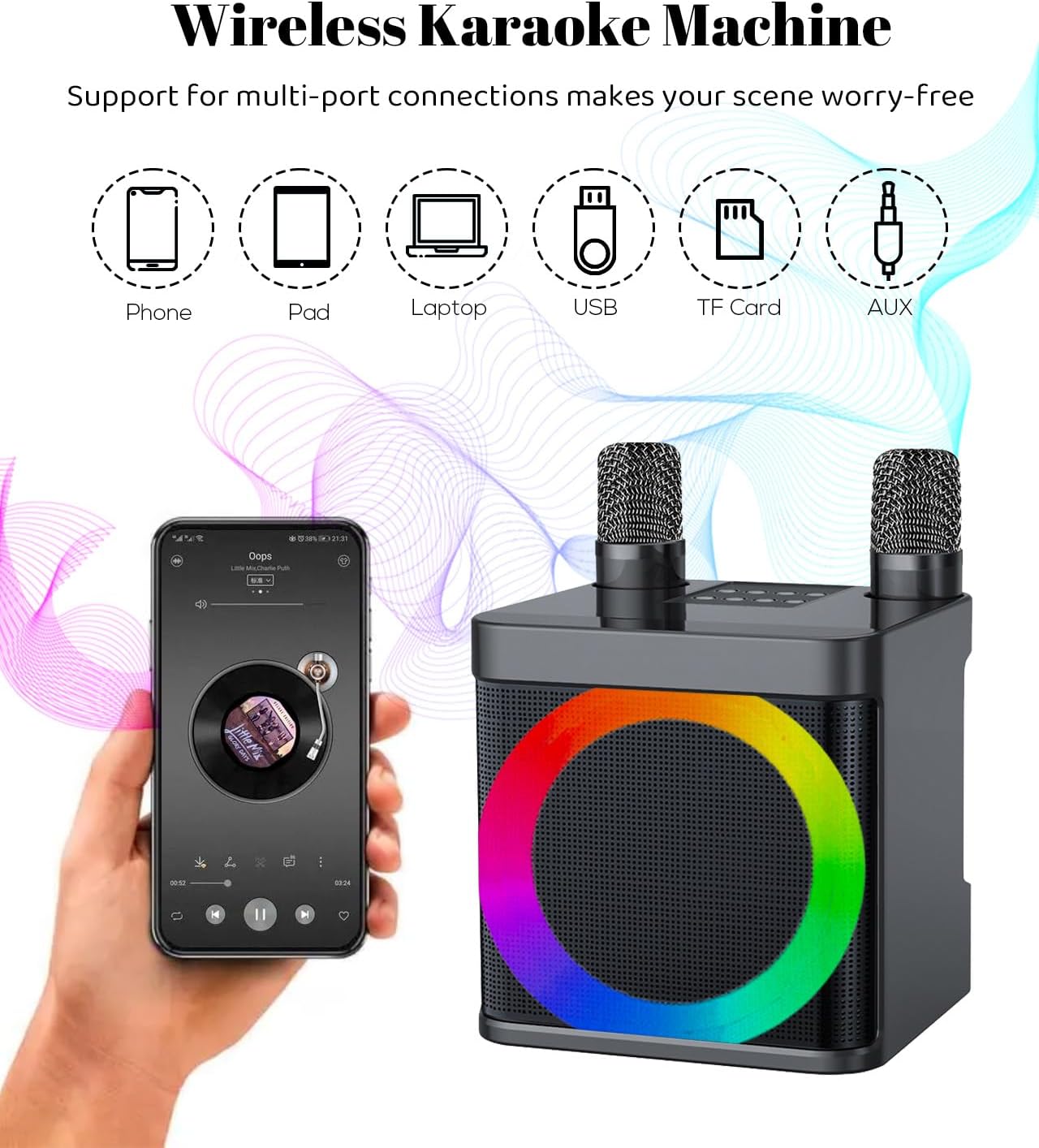 Karaoke Machine for Adults and Kids with 2 Wireless Microphones,Portable Bluetooth Speaker PA Speaker System with LED Party Lights for Home Party, Picnic,Car,Outdoor/Indoor/Birthday Gifts