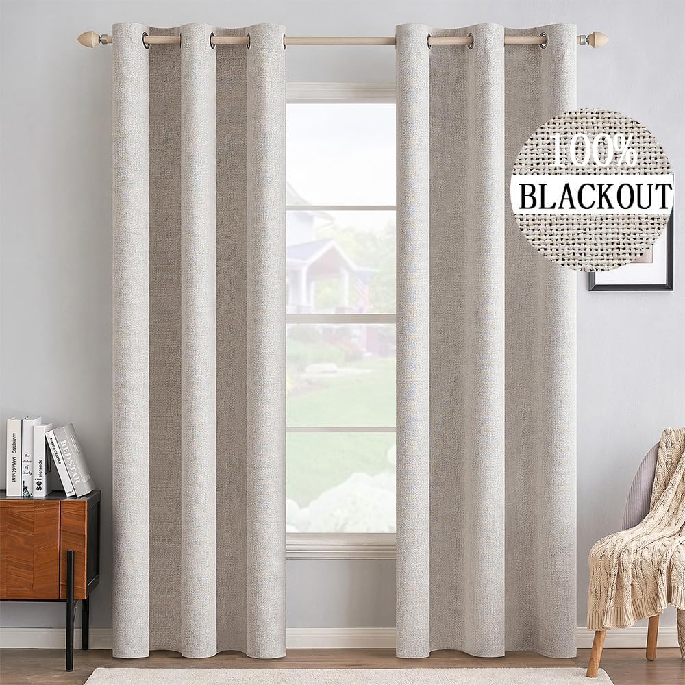 MIULEE 100% Blackout Linen Textured Curtains for Bedroom Solid Thermal Insulated Ivory Grommet Room Darkening Curtains & Drapes Luxury Decor for Living Room Nursery 42 x 84 Inch (2 Panels)