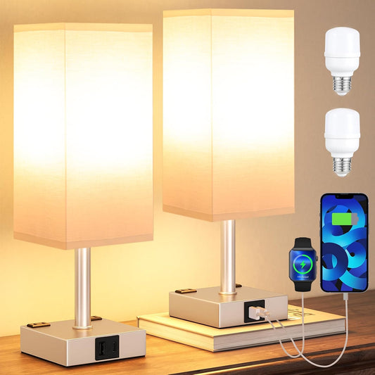 Light Gold Touch Lamps Set of 2 - Nightstand Lamp with USB-C + A Charge Ports & AC Outlets, 3-Way Dimmable Bedside Lamp, Small Table Lamp Light for Bedroom (Bulb Included)