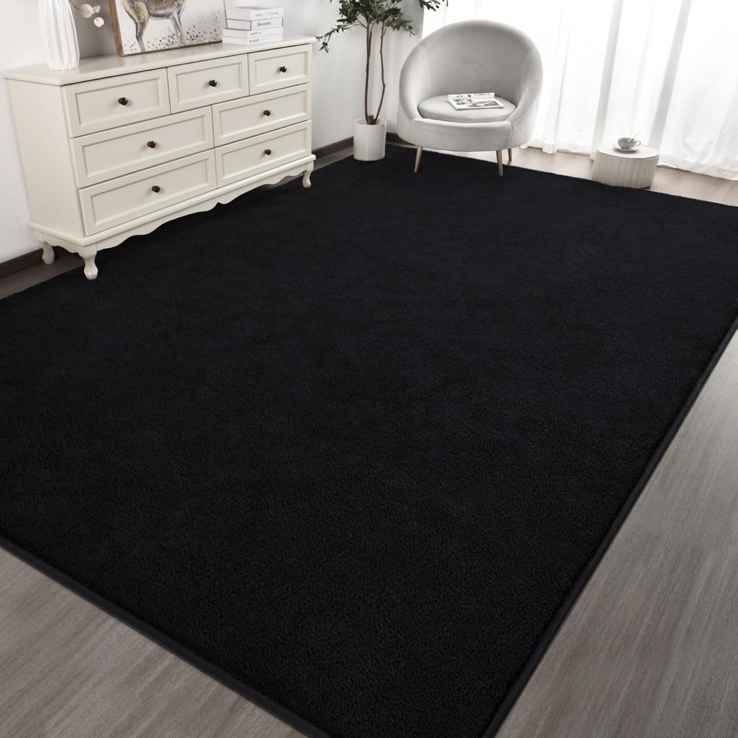 Kimicole 7x10 Washable Area Rugs for Living Room Bedroom, Large Low Pile Ulta-Thin Solid Color Rug, Non-Slip Soft Fluffy Carpet for Nursery Kids Room Dorm Room Home Decor (Black)