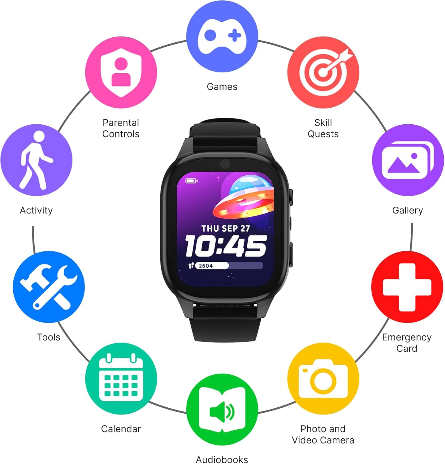 PlayZoom 4 Kids Smartwatch – 1.83” Color Touchscreen, 25+ Games, Selfie Camera, Audiobooks, Songs, Step Tracker, Parental Controls, Waterproof, for Ages 4-12 (Black)