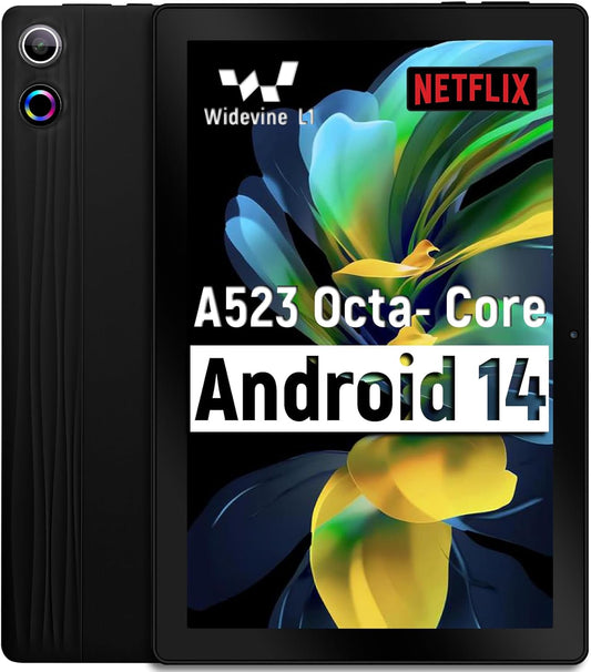 Tablet 10 inch Android 14, Octa-Core, 10GB RAM 64GB ROM 1TB Expandable, Widevine L1, 1280x800 IPS Touchscreen, BT 5.4, Dual Camera with Flash (Black)