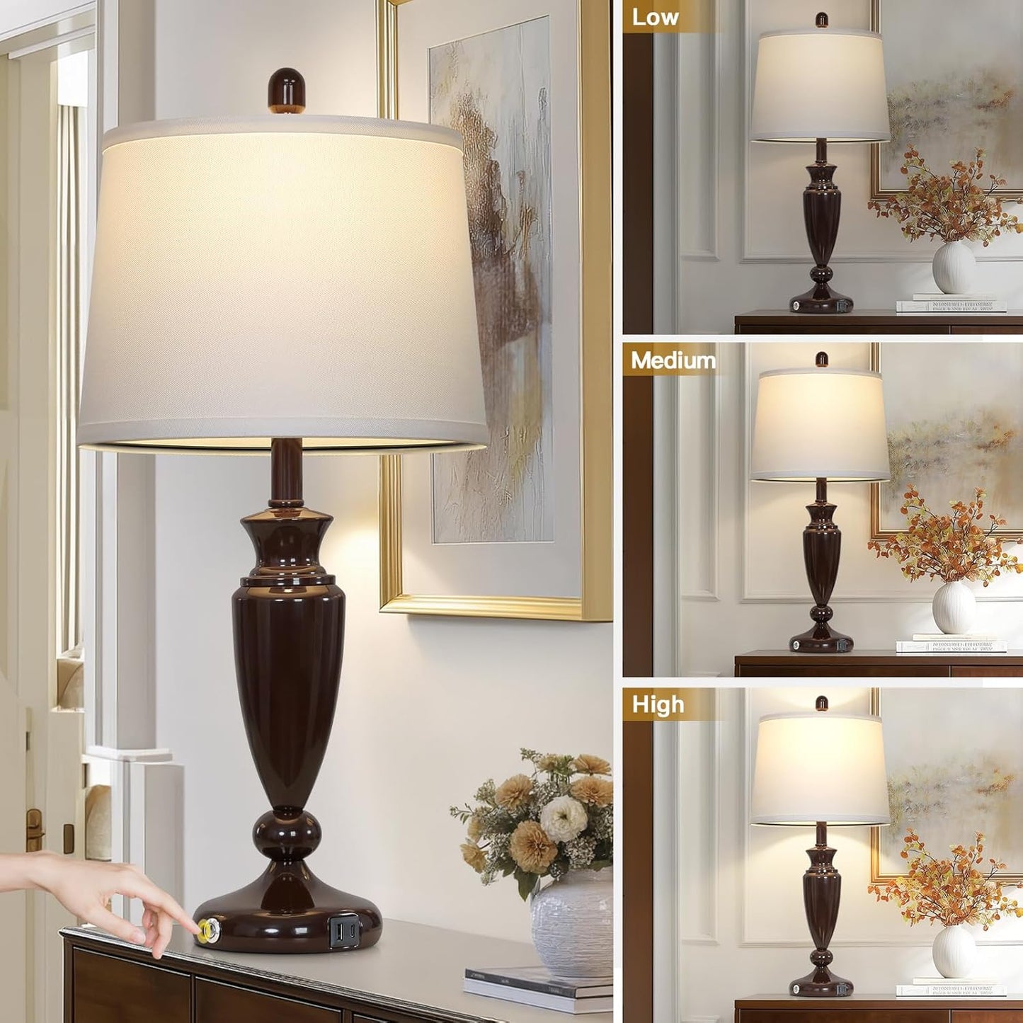 27'' Brown Living Room Lamps Set of 2, 3 Way Touch Control Table Lamps with USB A+C Ports, Modern Bedside Lamps, Elegant Metal Nightstand Lamps for Bedroom Office End Table Decoration