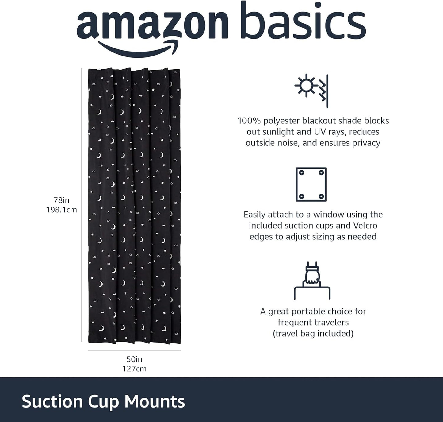 Amazon Basics Portable Blackout Curtain Shade with Suction Cups, 50" W x 78" L, 1-Pack, Moon and Stars