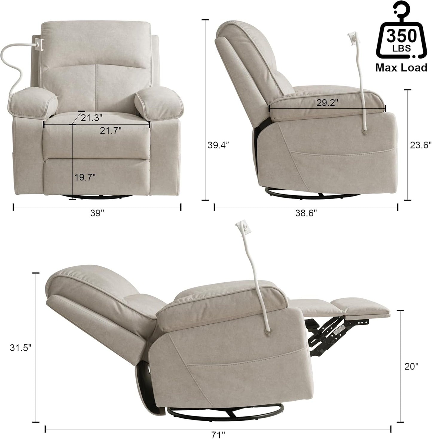 Rocking Chair Nursery Swivel Rocker Recliner with Phone Holder,Nursing Chair for Breastfeeding with Foot Rest,Beige