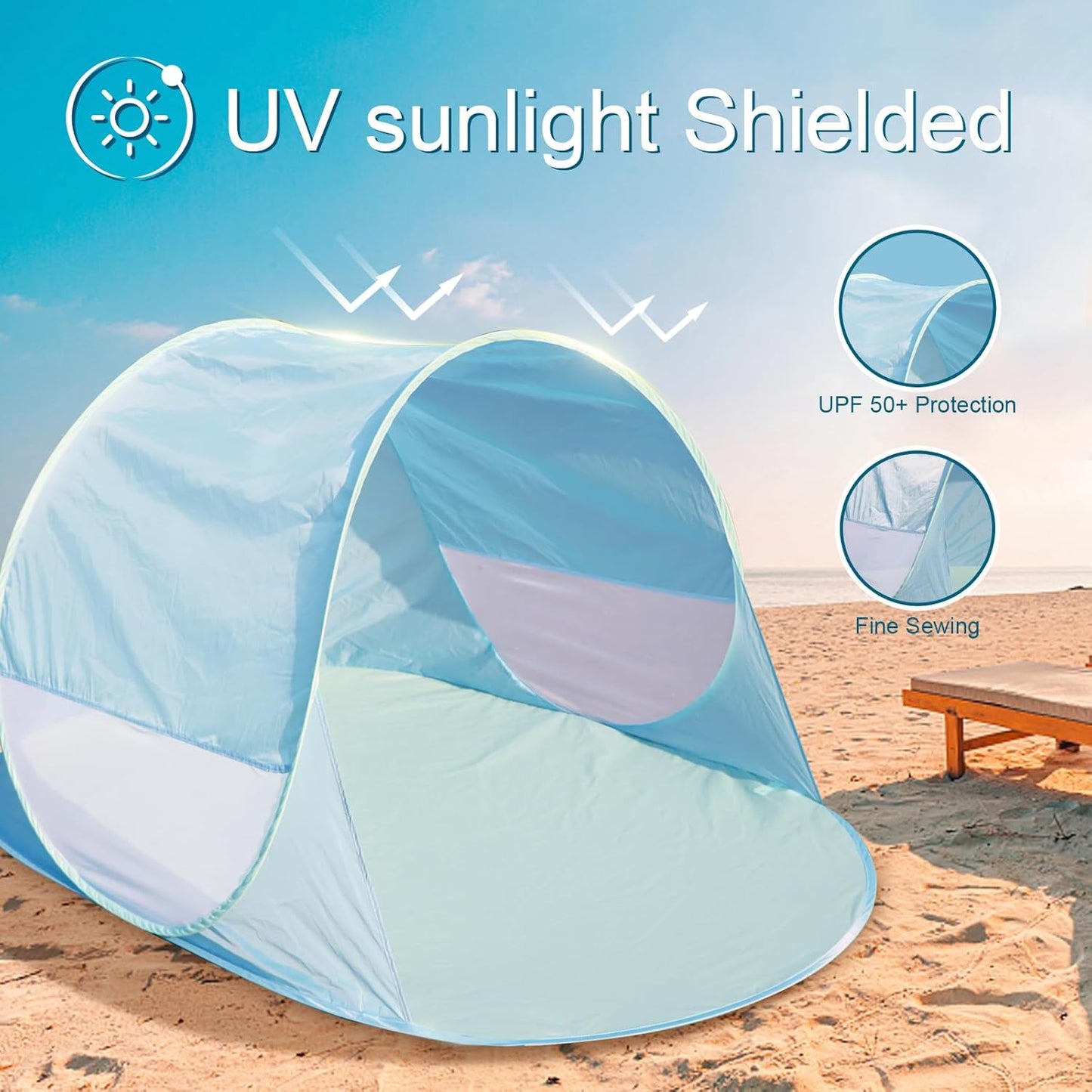 Action Air UPF 50+ Pop Up Beach Tent for 2-3 People, Instant Sun Shelter with 360°Ventilation, Water-Resistant Canopy, Lightweight & Portable Sun Shade for Beach, Camping, Sports (Blue)