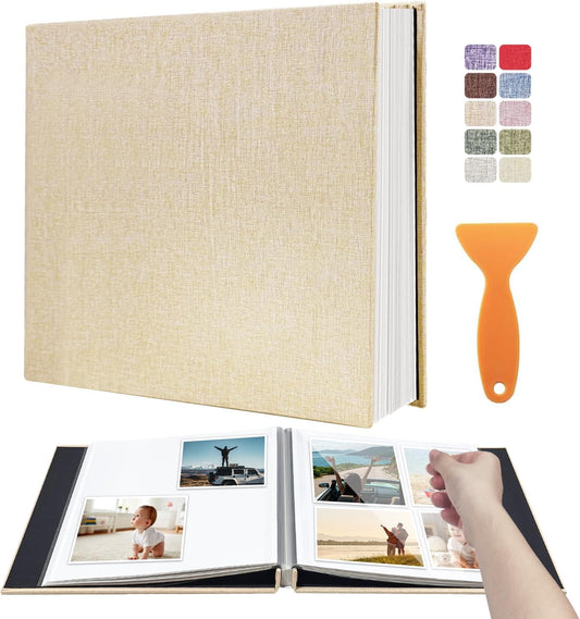 Large Photo Album Self Adhesive Scrapbook Album for 4×6 8×10 Pictures DIY Magnetic Linen Cover Album 60 Pages for Family Wedding Gifts with Metal Pen and Plastic Board