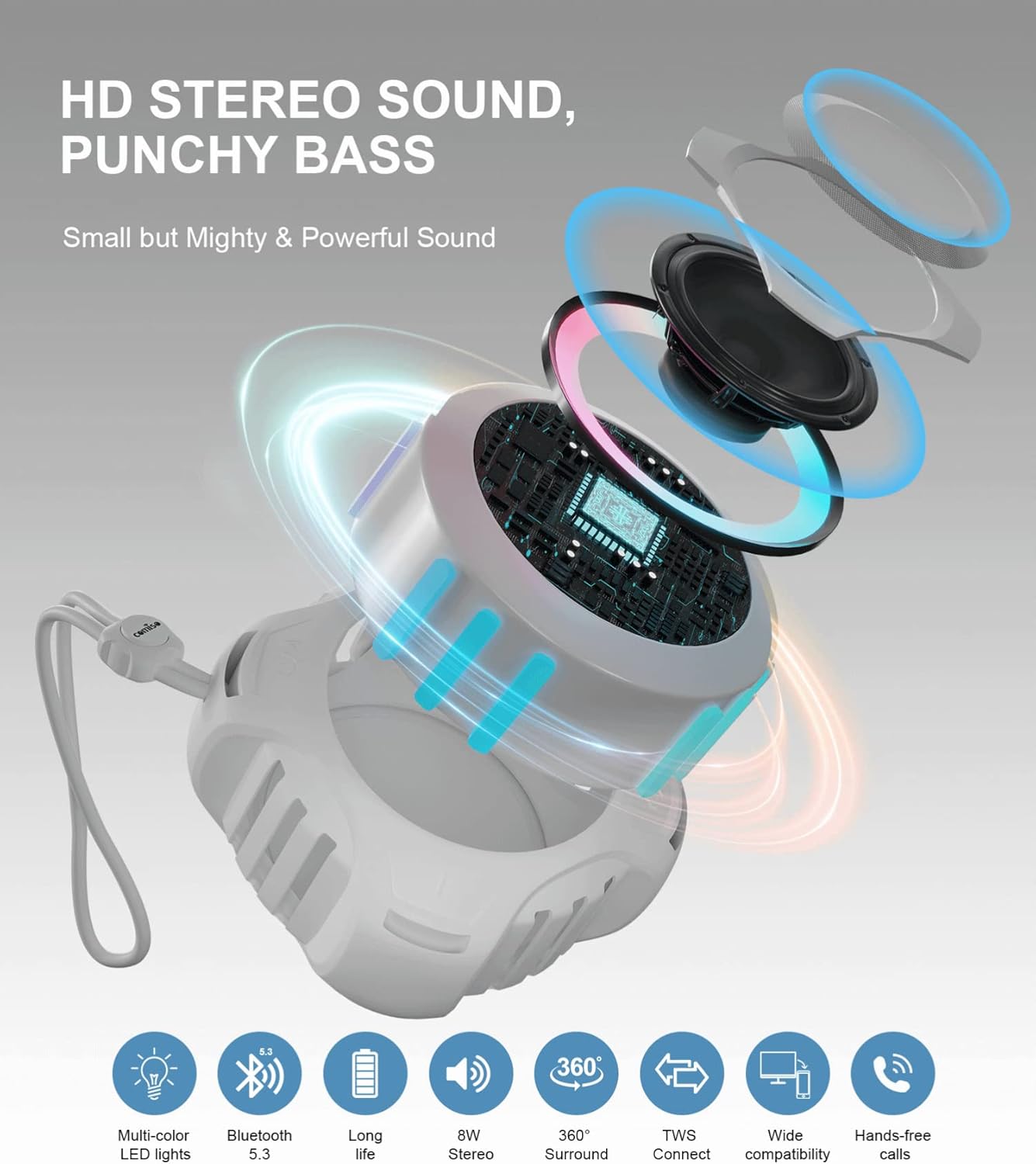 comiso Shower Bluetooth Speaker, IPX7 Waterproof Speaker with Multiple Light, Floating, Wireless Speakers with Punchy Bass and Loud HD Sound 2000mAh for Travel Beach Shower, Gift for Men, Women