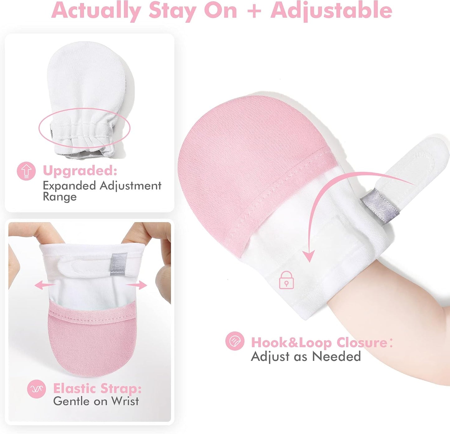 HAPIU Baby No Scratch Mittens Stay On, 100% Cotton Breathable, Adjustable Infant Gloves for Boys Girls, Newborn - 12 M