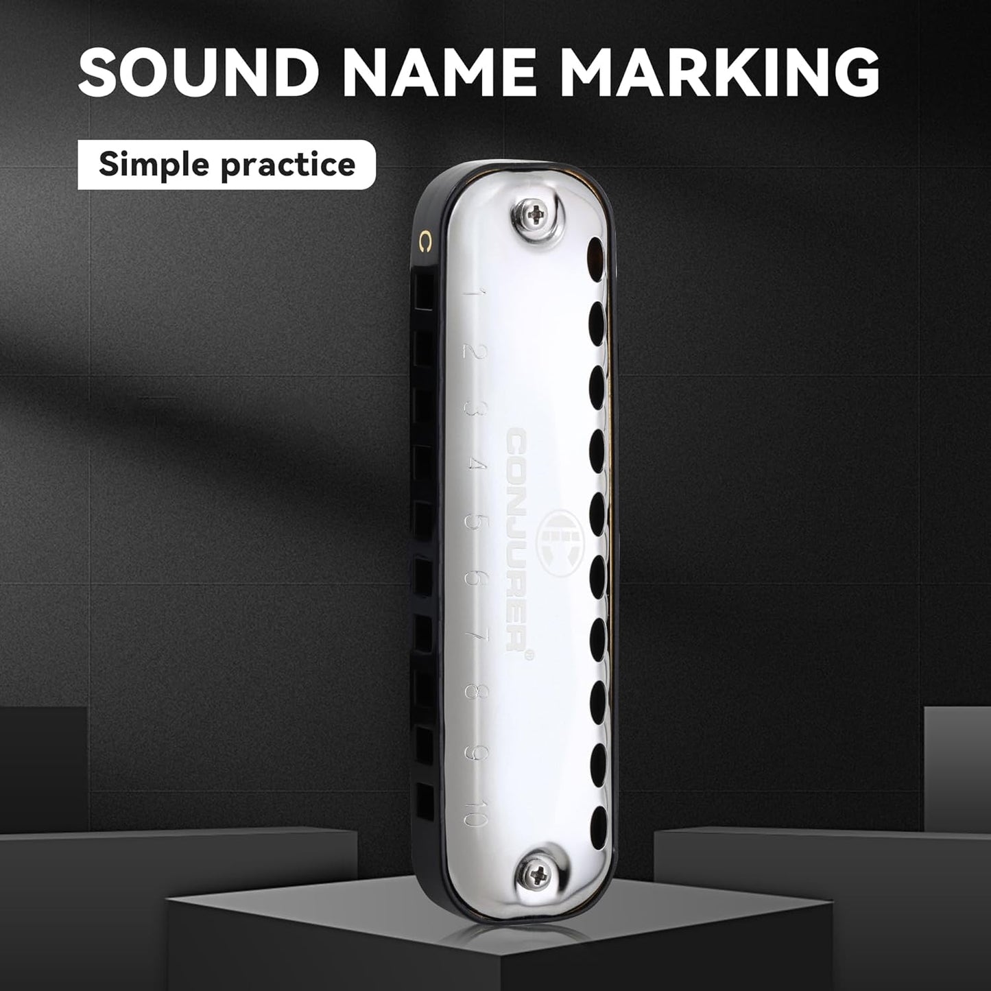 CONJURER Blues Harmonica for Kids Adult Beginners 10 Hole Diatonic Harmonica Key of C, Brass Reed Metal Mouth Organ C Key Blues Harp with Case, Black