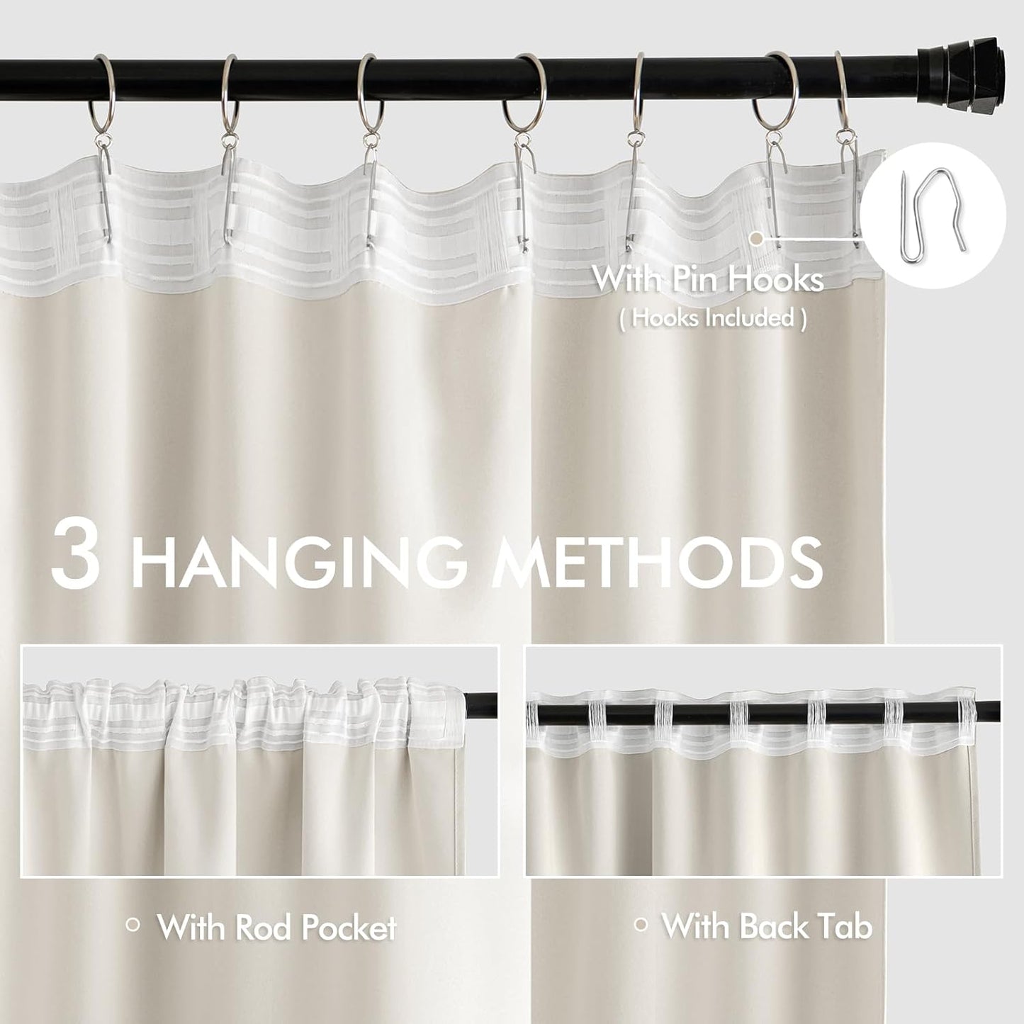 MIULEE Ivory Back Tab Blackout Curtains 90 Inches Long 2 Panels Set for Living Room Bedroom Privacy, Rod Pocket/Pinch Pleat Thermal Insulated Room Darkening Pleated Light Blocking Drapes