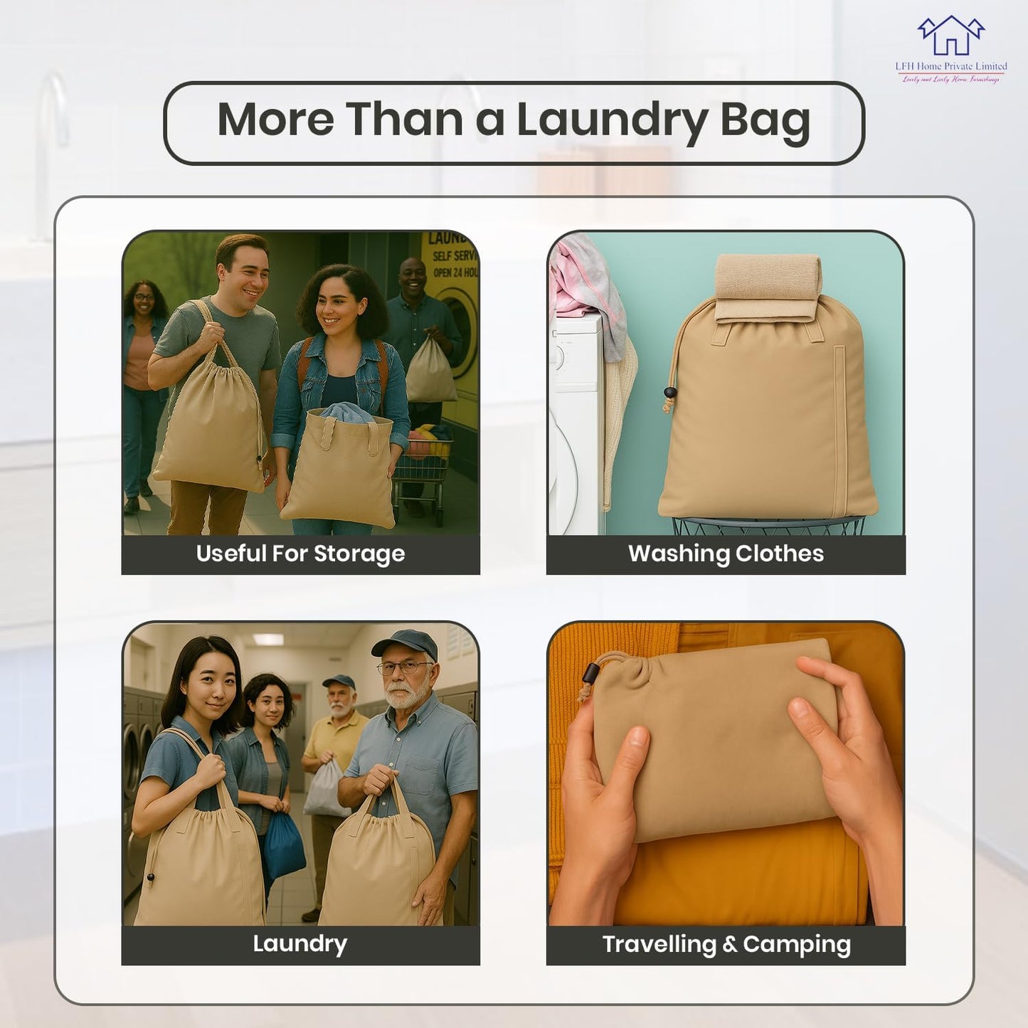 LFH Home Cotton Canvas Large Laundry Bag with Handle, Heavy Duty Drawstring Closure Washable Laundry Bags, School Travel, Home, Hotel, College Dorm, Organizer Sack, Toys Clothes 20x30-Beige