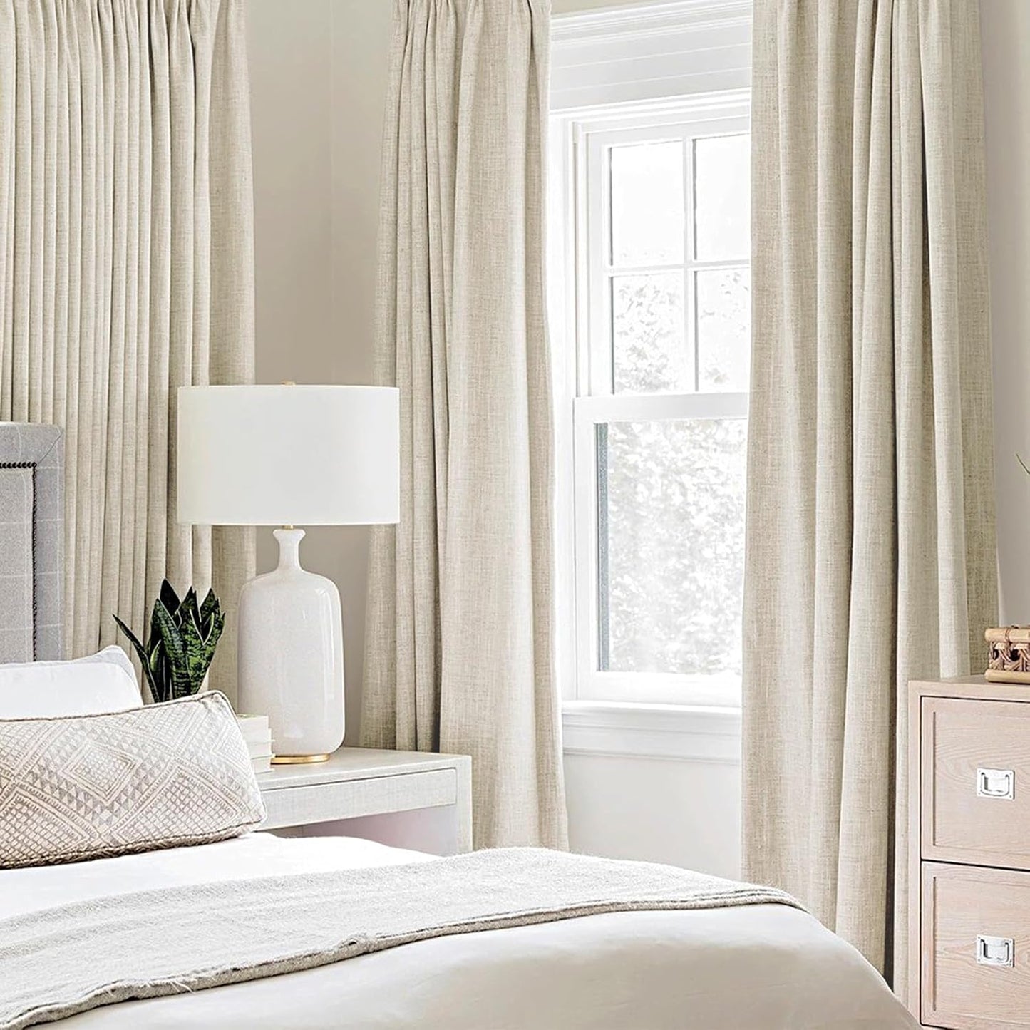 MIULEE 100% Blackout Linen Textured Curtains for Bedroom Solid Thermal Insulated Cream Grommet Room Darkening Curtains & Drapes Luxury Decor for Living Room Nursery 42 x 90 Inch (2 Panels)