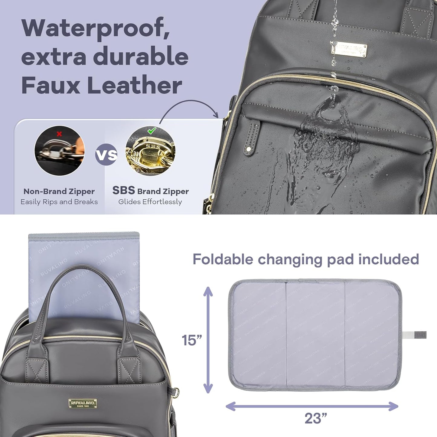 RUVALINO Diaper Bag Backpack, Multifunction Travel Baby Diaper Bag with Changing Pad, Insulated Bottle Holders & Pacifier Case, Large Capacity,Waterproof, Iron Gray