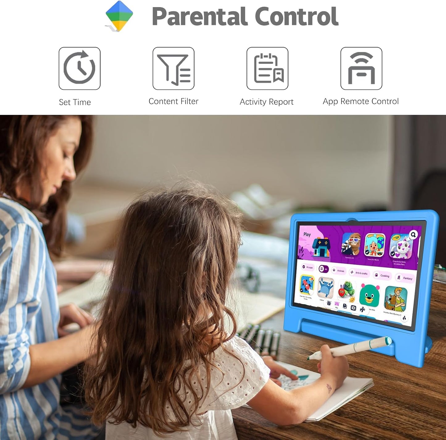 Kids Tablet, 10.1 Inch Tablet for Kids Android 14, 64GB Octa-Core, WiFi, Big Battery, Kids Space, Parental Control 1280 * 800 HD Display Children Tablets Blue