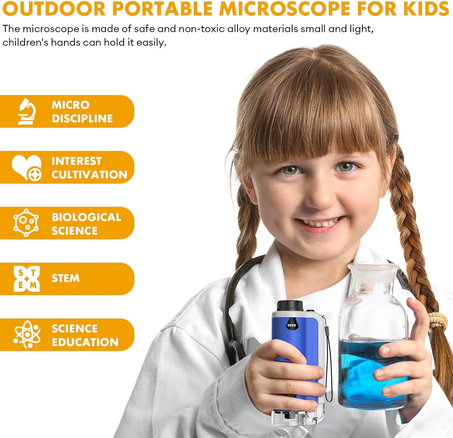 Portable Handheld Mini Microscope for Kids, 100x-250x Zoom with LED Lights, Alloy Pocket Microscope for Boys & Girls, Educational Science Kit (Blue)