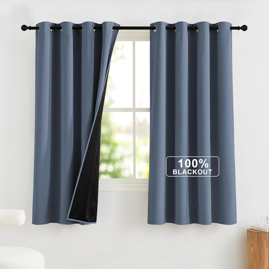NICETOWN 100% Blackout Stone Blue Curtains for Bedroom, Thermal Insulated Window Curtains 63 Inch Length 2 Panels Set, Grommet Top Drapes for Living Room, 52" W x 63" L
