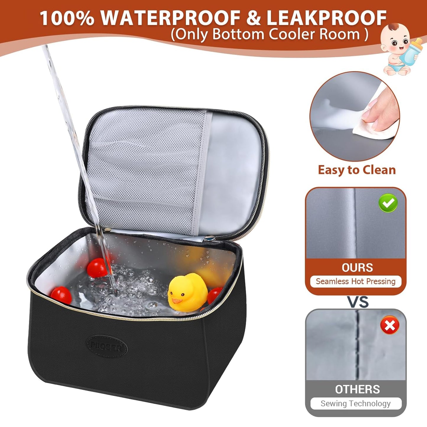 PIIOSER Breast Milk Cooler Bag with 2 Ice Pack, Fit 6 Freezer Breastmilk Storage Bags Up to 8Oz, Insulated Baby Bottles Tote Bag for Daycare and Breastfeeding Mom, Black