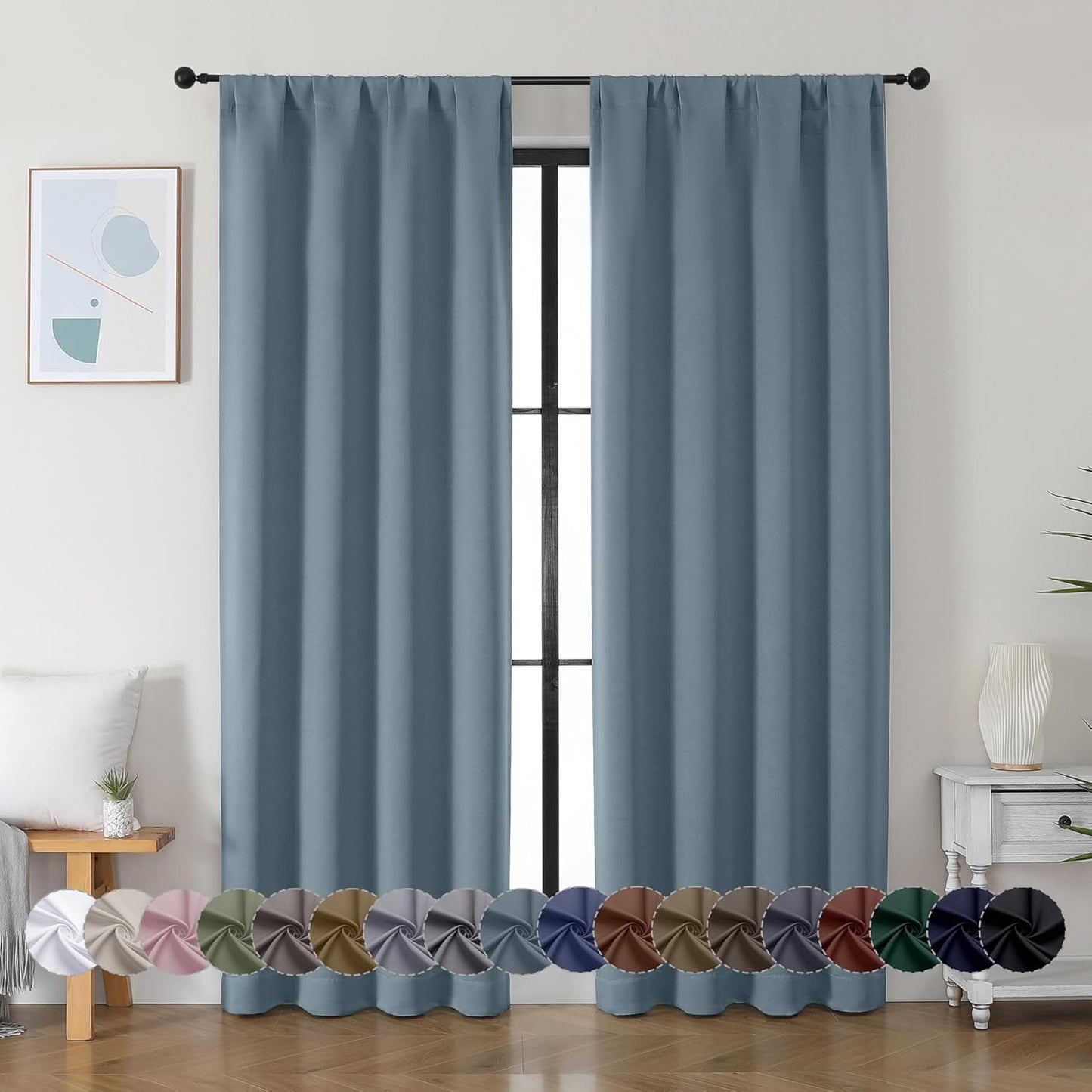 Simplebrand Ava Stone Blue Blackout Curtains for Bedroom 84 Inch Length 2 Panels Set, Solid Thermal Insulated Privacy Living Room Window Treatment Curtains Blackout Drapes, W40 x L84 Inch, Stone Blue